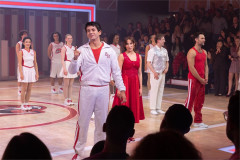 Tobias Turley (Troy Bolton), Leonor Correia (Gabriella Montez) and Harry Judd (Coach Bolton) at the press night curtain call. Photo by Piers Allardyce