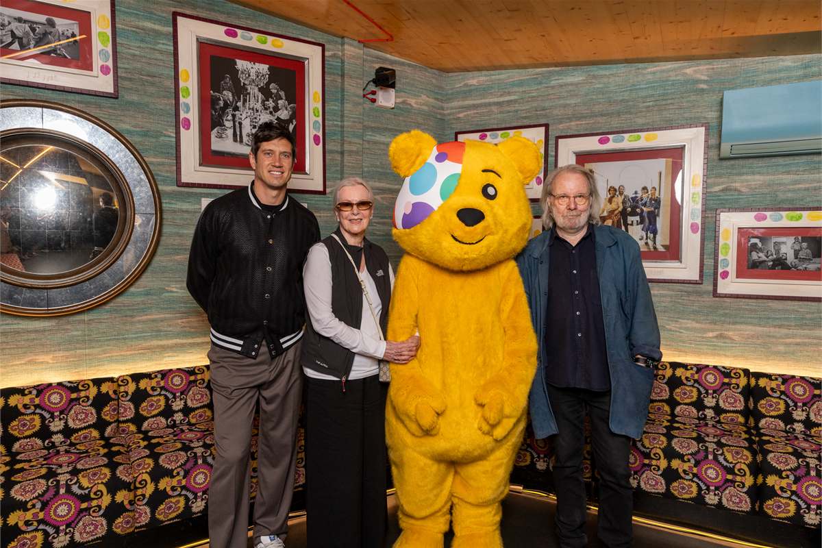 Vernon Kay, Anni-Frid Lyngstad, Pudsey Bear and Benny Andersson at the ABBA Arena. Photo: ABBA Voyage
