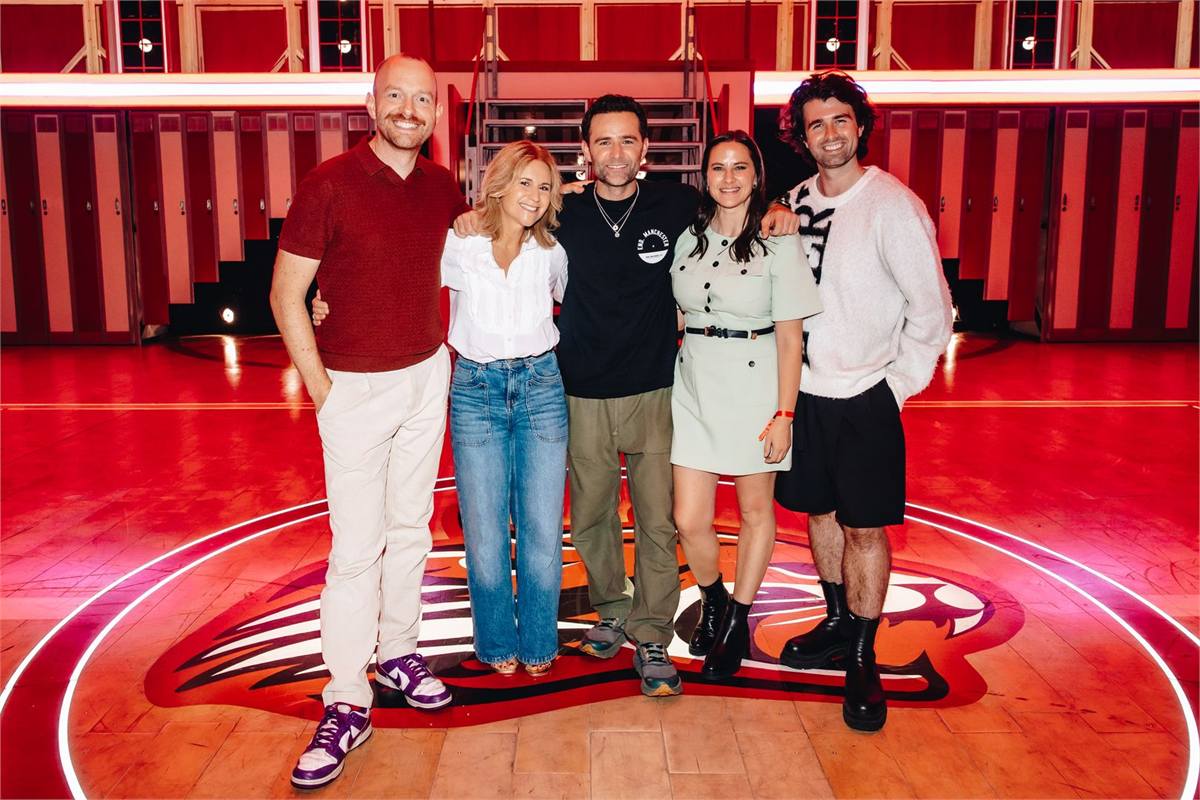 Tom Price, Harriet Scott, Harry Judd, Kat Shoob and Jordan Lee on the set of Disney's High School Musical at Troubadour Wembley Park Theatre. Photo by Danny Kaan