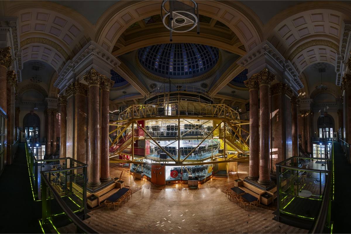 The Royal Exchange Theatre in-the-round auditorium inside the Great Hall, Manchester. Photo by Andrew Brooks