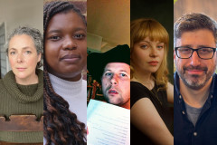 Papatango New Writing Prize 2026 writers, from left: Holly Arsenault, Naomi Soneye-Thomas, Simon Jaggers, Íde Simpson and Jesse Weaver