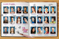 The company of 13 Going on 30 - The Musical in the production Class of 2026 yearbook artwork, with Lucie Jones as Jenna