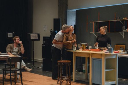 Finn Jones, Martin Marquez, Anna Camp and Jasmine Cephas Jones in rehearsal for 2:22 – A Ghost Story in New York. Photo by Langley Hayman