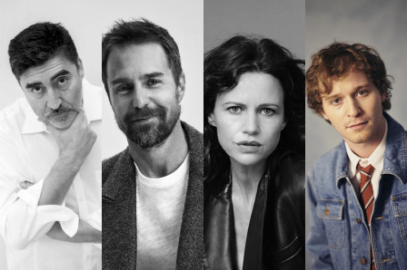 Alfred Molina, Sam Rockwell, Carla Gugino and Fred Hechinger, who star in A View from the Bridge at La MaMa, New York. Sam Rockwell photo by Michael Schwartz