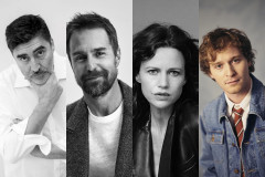Alfred Molina, Sam Rockwell, Carla Gugino and Fred Hechinger, who star in A View from the Bridge at La MaMa, New York. Sam Rockwell photo by Michael Schwartz