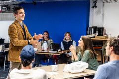 Andy Sandberg leads the company in rehearsal for Affluenza at Riverside Studios. Photo by Justine Matthew