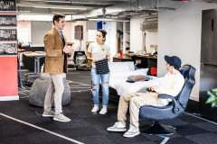 Andy Sandberg, Janette Manrara and Noah Schnapp in rehearsal for Affluenza at Riverside Studios. Photo by Justine Matthew