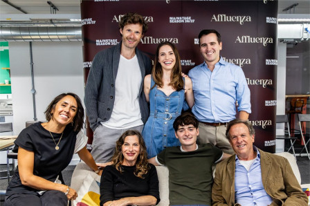 The company of Affluenza with writer and director Andy Sandberg in rehearsal at Riverside Studios. Photo by Justine Matthew