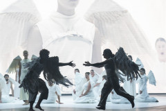 Keith Pun, Matthew McKinney, Mariam Wallentin and the Kantos Chamber Choir in ENO's Angel's Bone at the London Coliseum. Photo by Tristram Kenton