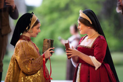 Rebecca Luter as Jane Seymour and Emily Lane as Anne Boleyn in Anne Boleyn: The Musical at Hever Castle, 2025. Photo by Daniel Watson