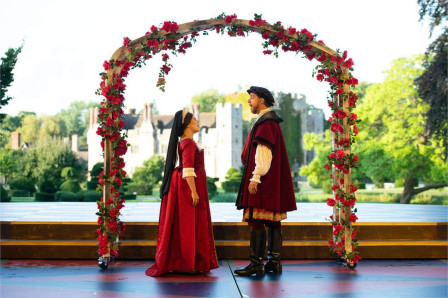 Emily Lane as Anne Boleyn and Mark Goldthorp as King Henry in Anne Boleyn: The Musical at Hever Castle, 2025. Photo by Daniel Watson