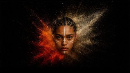 Key art for AYLA: A New Musical, a young woman framed by bursts of red and gold dust