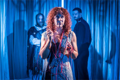 Benjamin Wilson (Tireseus), Emma Manton (Agave) and Ross Foley (Pentheus) in the National Theatre's schools tour of Bacchae. Photo by Marc Brenner