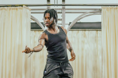 Senam Akpokavi as Dionysos in rehearsals for the National Theatre’s Bacchae schools tour. Photo by Marc Brenner