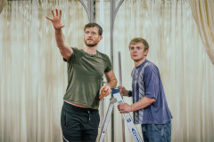 Ross Foley as Pentheus and Daniel Regan as Leon in rehearsals for the National Theatre’s Bacchae schools tour. Photo by Marc Brenner