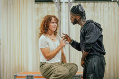 Emma Manton as Agave and Senam Akpokavi as Dionysos in rehearsals for the National Theatre’s Bacchae schools tour. Photo by Marc Brenner