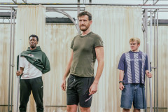 Daniel Forbes as Alexis, Ross Foley as Pentheus and Daniel Regan as Leon in rehearsals for the National Theatre’s Bacchae schools tour. Photo by Marc Brenner