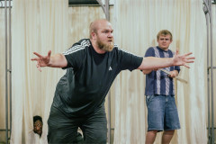 Daniel Forbes as Alexis, Benjamin Wilson as Tiresias and Daniel Regan as Leon in rehearsals for the National Theatre’s Bacchae schools tour. Photo by Marc Brenner