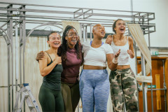 Premi Tamang as Nava, Aminita Francis as Vida, Jessica Alade as Demi and Lily Olufemi-Bywaters as Serene in rehearsals for the National Theatre's Bacchae schools tour. Photo by Marc Brenner