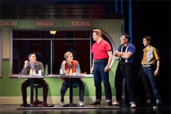 James Oliver as George McFly, Axel Duffy as Marty McFly, Toby Shellard as Biff Tannen, Stephen Lewis-Johnston as 3-D and Blake Jordan as Slick. Photo by Mark Senior
