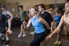 Rebecca French as the Clocktower Lady and Blake Jordan as Dave McFly with the ensemble in rehearsals for the Back to the Future The Musical UK tour. Photo by Mark Senior
