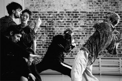 Joshua Attwood, Faye Tan, Paris Fitzpatrick, Dan Baines, Elisabet Liisu Cerenius and Kai Tomioka in rehearsal for Six Lethargies. Photo by Alex Storey