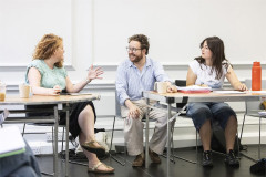 Director Lisa Spirling, dramaturg Ed Madden and assistant director Ariana Xeno in rehearsal. Photo by Pamela Raith
