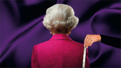Artwork for the UK tour of By Royal Appointment, showing the Queen from behind in a pink coat with a tape measure held to her shoulder