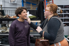 Benjamin Dalton (Augustus Gloop) and Lizzie Bea (Mrs Gloop) in rehearsal for Charlie and the Chocolate Factory. Photo by Marc Brenner