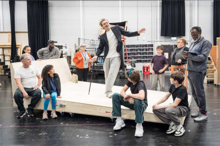 Jonny Fines (Willy Wonka) and the company of Charlie and the Chocolate Factory in rehearsal at Curve. Photo by Marc Brenner