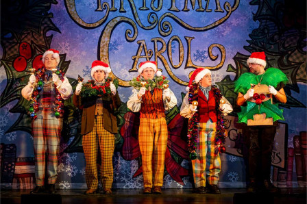 The company of Christmas Carol Goes Wrong in the original West End production. Photo by Mark Senior