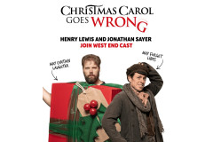 Henry Lewis and Jonathan Sayer in artwork announcing their Christmas Carol Goes Wrong dates at Wyndham's Theatre
