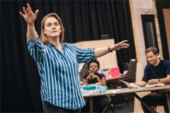 Ashley Tucker in rehearsal for Christmas Carol Goes Wrong. Photo by Danny Kaan