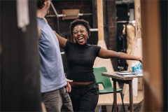 Dumile Sibanda in rehearsal for Christmas Carol Goes Wrong. Photo by Danny Kaan