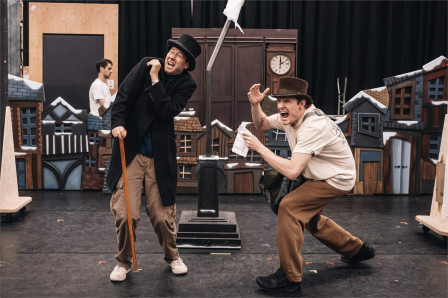 Adam Elliott and Dave Hearn in rehearsal for Christmas Carol Goes Wrong. Photo by Danny Kaan