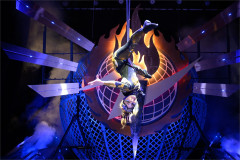Jackie Louise hanging upside down from the aerial pole in Cirque Berserk! at the Garrick Theatre. Photo by Jonathan Hordle