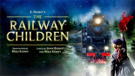 Key art for The Railway Children at Derby Theatre: a steam train emerging from snowy pines as a girl waves a red flag