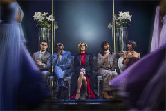 Dominic Andersen, Matt Henry, Teri Hatcher, Jenna Bonner and Kayleigh Thadani on the front row of a fashion show in The Devil Wears Prada The Musical. Photo by Matt Crockett