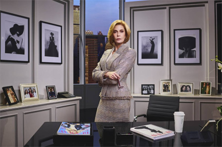 Teri Hatcher as Miranda Priestly in a tweed skirt suit in her Runway office, The Devil Wears Prada. Photo by Matt Crockett