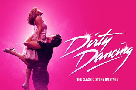 Poster artwork for the stage musical Dirty Dancing - The Classic Story on Stage, showing a couple performing the story's signature lift against a hot pink background