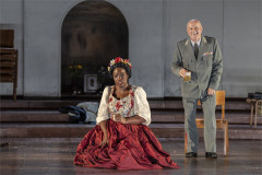 Axelle Fanyo as Tosca and Christopher Purves as Scarpia in ENO's Tosca at the London Coliseum. Photo by Ellie Kurttz