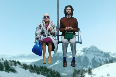 Kathryn Hunter and Ben Whishaw side by side on a ski chairlift above snowy mountains in the key art for Eurotrash at the Young Vic. Design by Emilie Chen