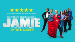 Key art for the 10th anniversary UK tour of Everybody’s Talking About Jamie, showing Ashcon Rahmani as Jamie New with Kelle Bryan and members of the company. No photographer credited.