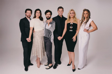 Christian Borle, Stephanie J. Block, Brandon Uranowitz, Andrew Rannells, Betsy Wolfe and Tracie Thoms in 2026. Photo by Jenny Anderson