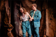 Brenock O'Connor as Woyzeck, held by a soldier, in Franz & Marie at Charing Cross Theatre. Photo by Danny Kaan