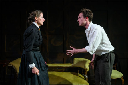 Flora Montgomery as Helene Alving and Joe Pitts as Oswald Alving in Ghosts at Jermyn Street Theatre. Photo by David Monteith-Hodge
