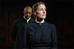 Oliver Alvin-Wilson as Pastor Manders and Flora Montgomery as Helene Alving in Ghosts at Jermyn Street Theatre. Photo by David Monteith-Hodge