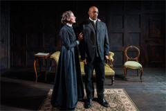 Flora Montgomery as Helene Alving and Oliver Alvin-Wilson as Pastor Manders in Ghosts at Jermyn Street Theatre. Photo by David Monteith-Hodge