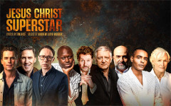 Jesus Christ Superstar artwork showing the nine actors playing Herod at the Theatre Royal Drury Lane: Matt Bomer, Rob Brydon, Reece Shearsmith, Bob The Drag Queen, Michael Ball, Simon Russell Beale, Omid Djalili, Layton Williams and Glenn Close