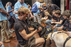 A member of the company holds a black Labrador puppy wearing a Guide Dogs